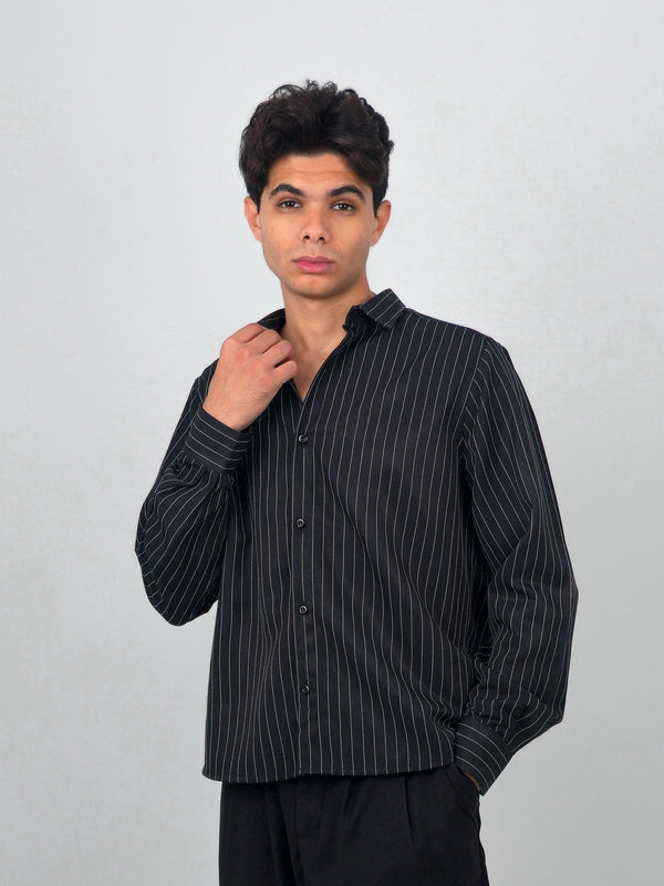Black Pinstripe Casual Shirt - Modern Tailored Fit