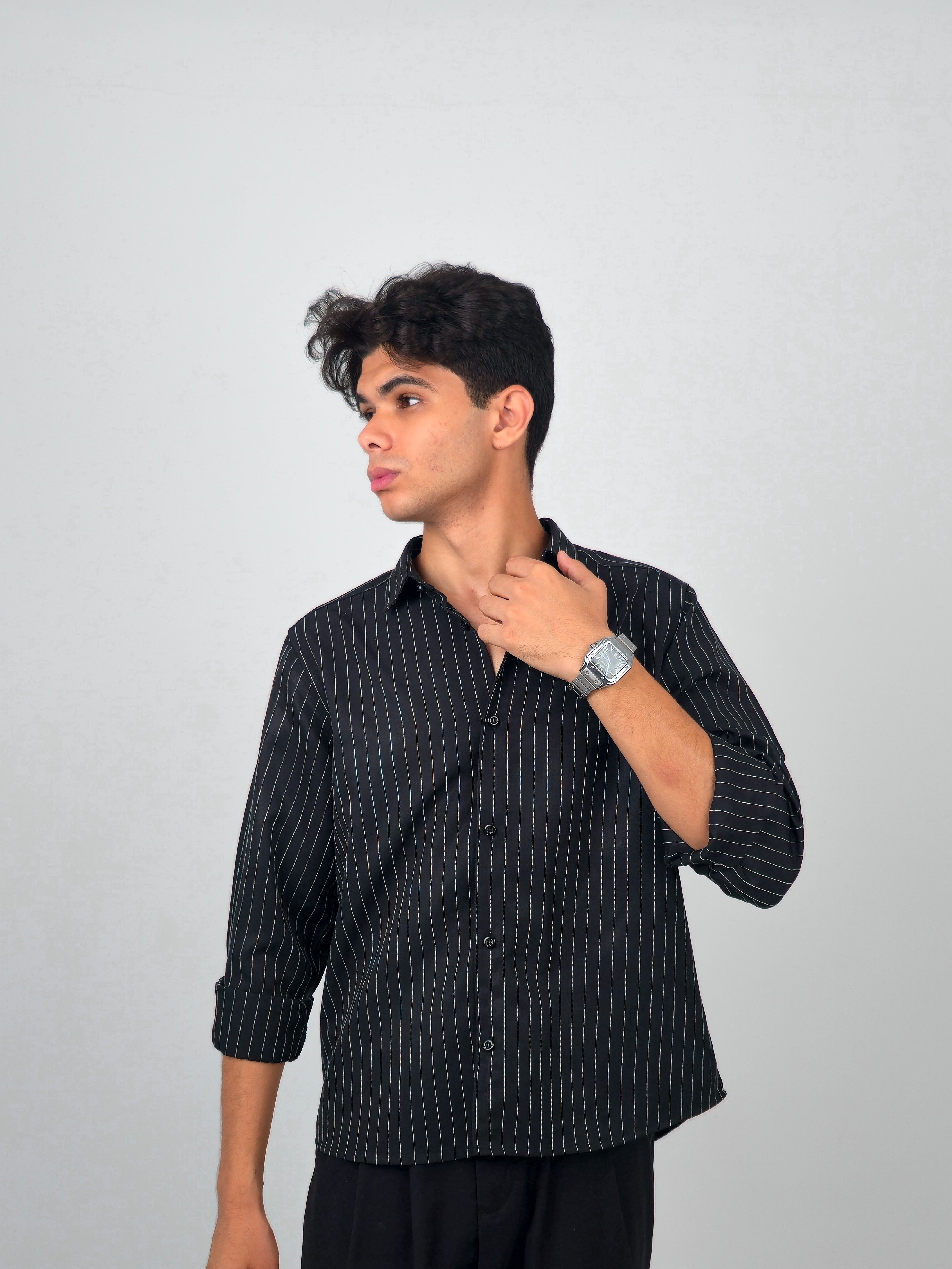 Black Pinstripe Casual Shirt - Modern Tailored Fit