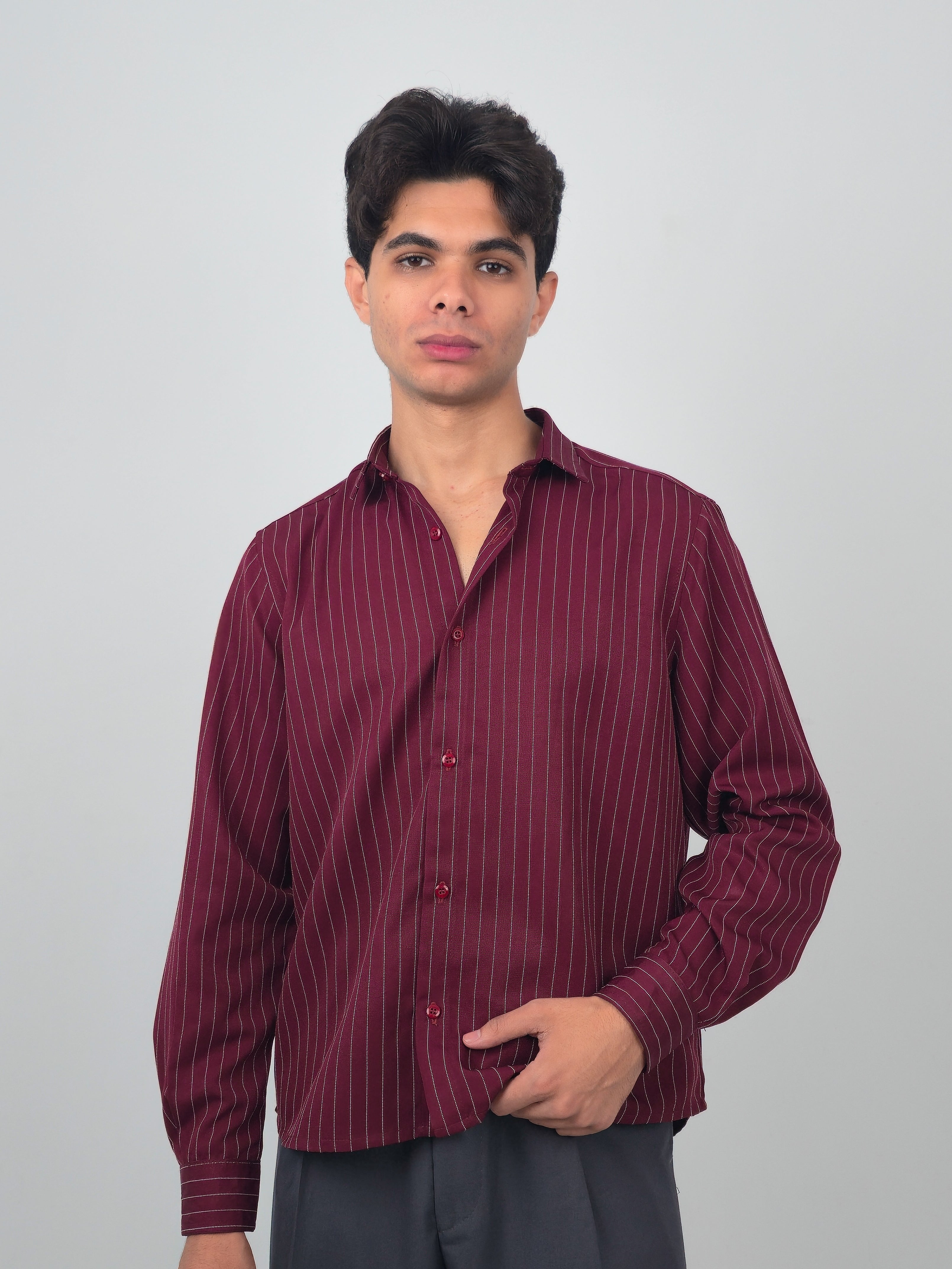 Burgundy Pinstripe Casual Shirt